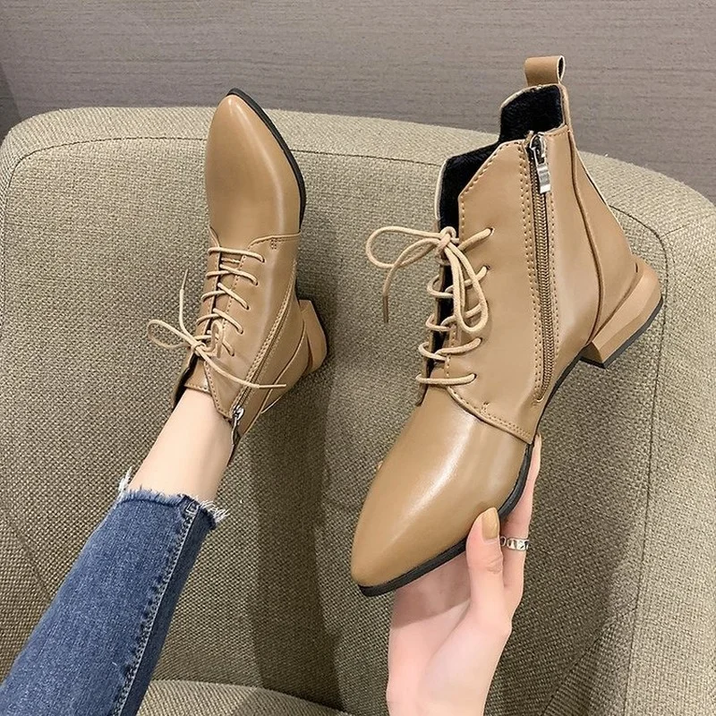 

Alo cnc 2022 New Spring Women's Boots Winter British Style Pointed Toe Women's Lace-up Flat Boots
