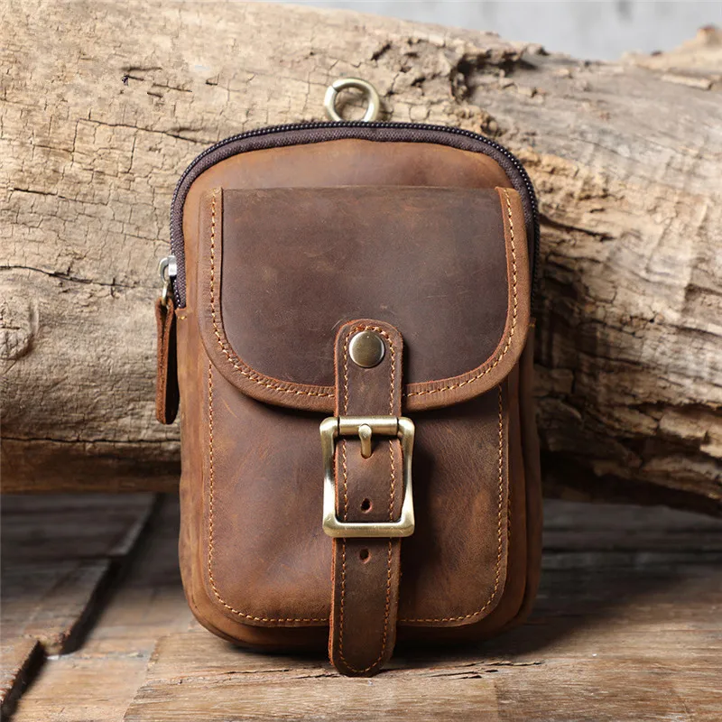 Retro fashion high quality crazy horse leather men's small pockets casual outdoor sports running real cowhide mobile phone bag