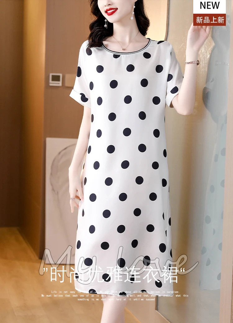 

Europe Women Summer New Fashion Round O-Neck Short Sleeve Slim Fit Casual Printing Mom Mid Length Dress Real Mulberry Silk
