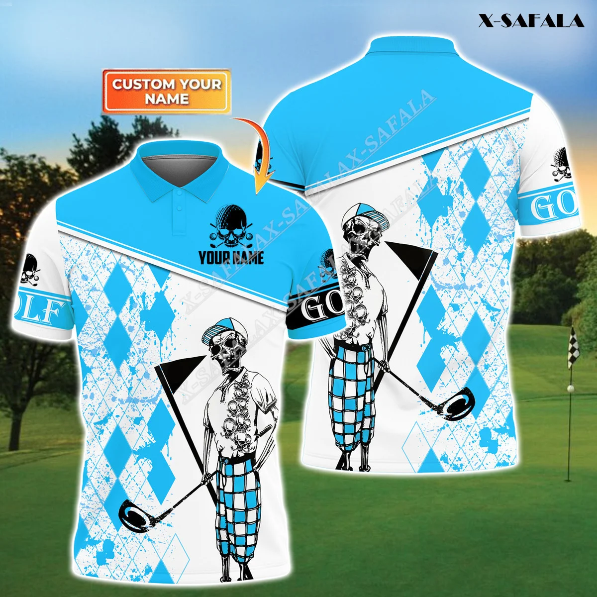 

Golf BallGame Custom 3D Print Skull Blue Lattice Polo Shirt Men and Women Collar Short Sleeve StreetWear Summer Clothes