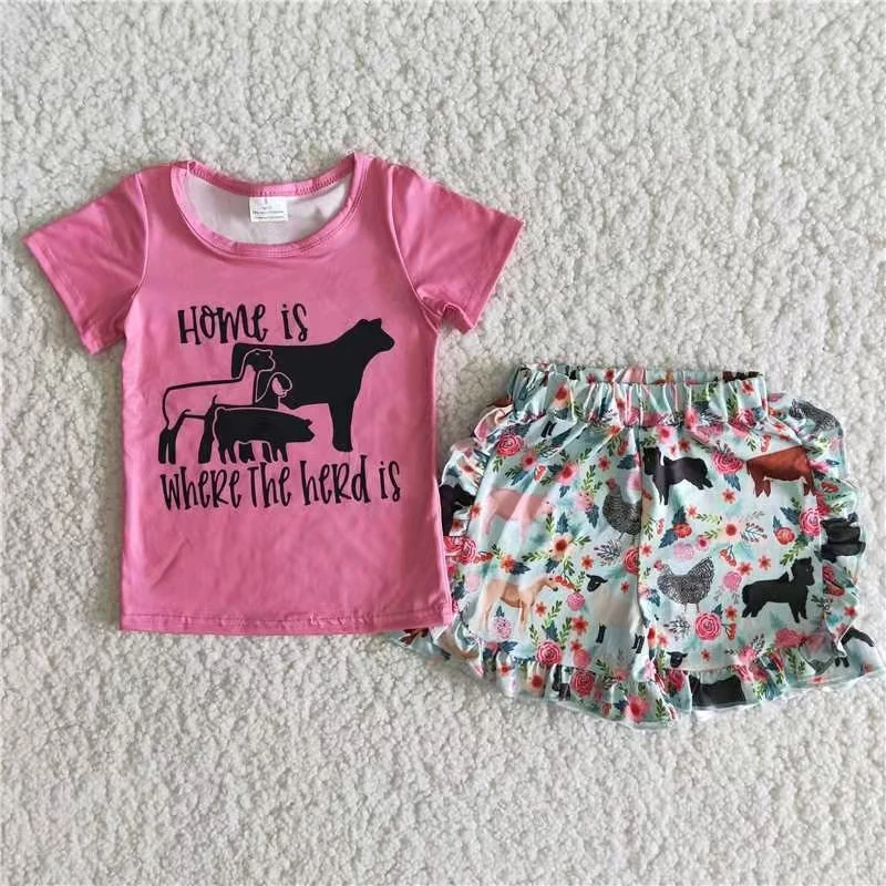 

hot sale summer girl clothing set short sleeve top and shorts outfit two piece clothes set hot pink top kids outfit clothing