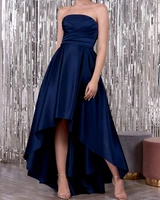 navy blue high low prom party dress strapless ruched asymmetrical satin evening formal gowns robe de soiree vestidos festa