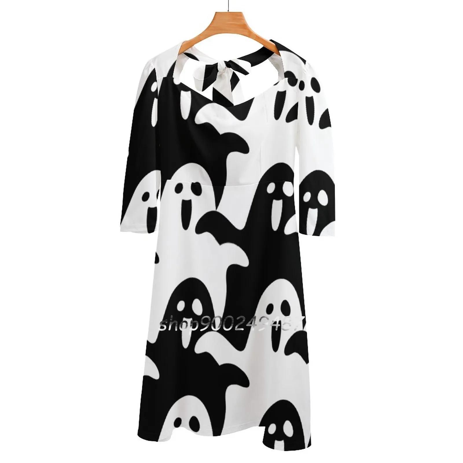 

Spooky Scary Ghosts Square Neck Dress Sweet Summer Dress Women Elegant Halter Print Dress Ghosts Ghost Halloween White Black