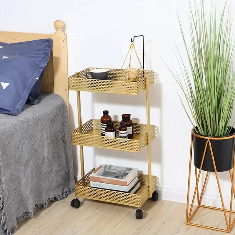 Золотистая железная 3-уровневая корзина для хранения с колесиками полка дома