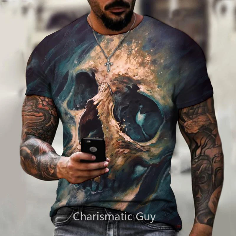 

3D Skull Print T-shirt Men's European and American Summer Casual Short-sleeved Fashion Street Oversized T-shirt Man's Clothes