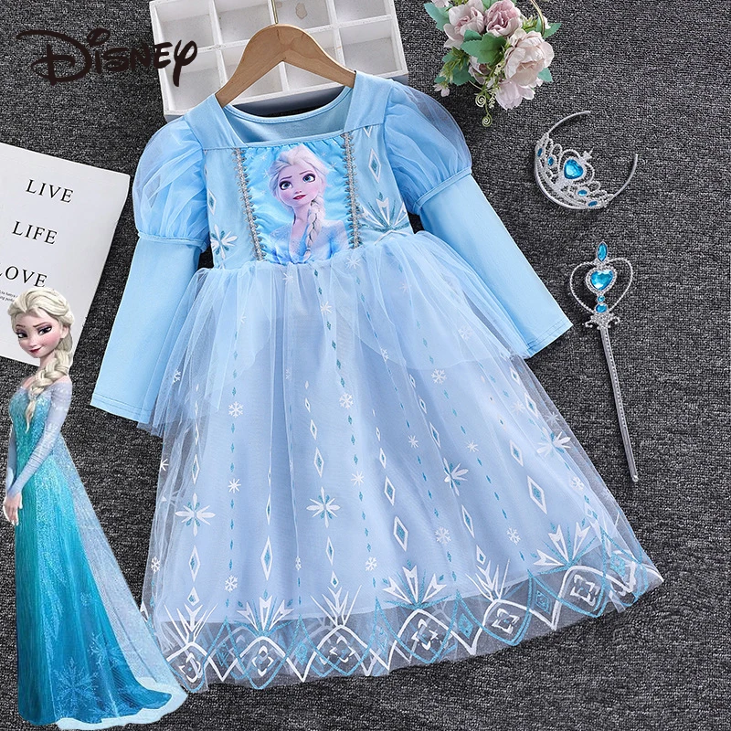 

Disney Frozen Elsa Princess Dress Girls Spring Autumn Cotton Long-Sleeved Longuette Children's Birthday Party Full Dress