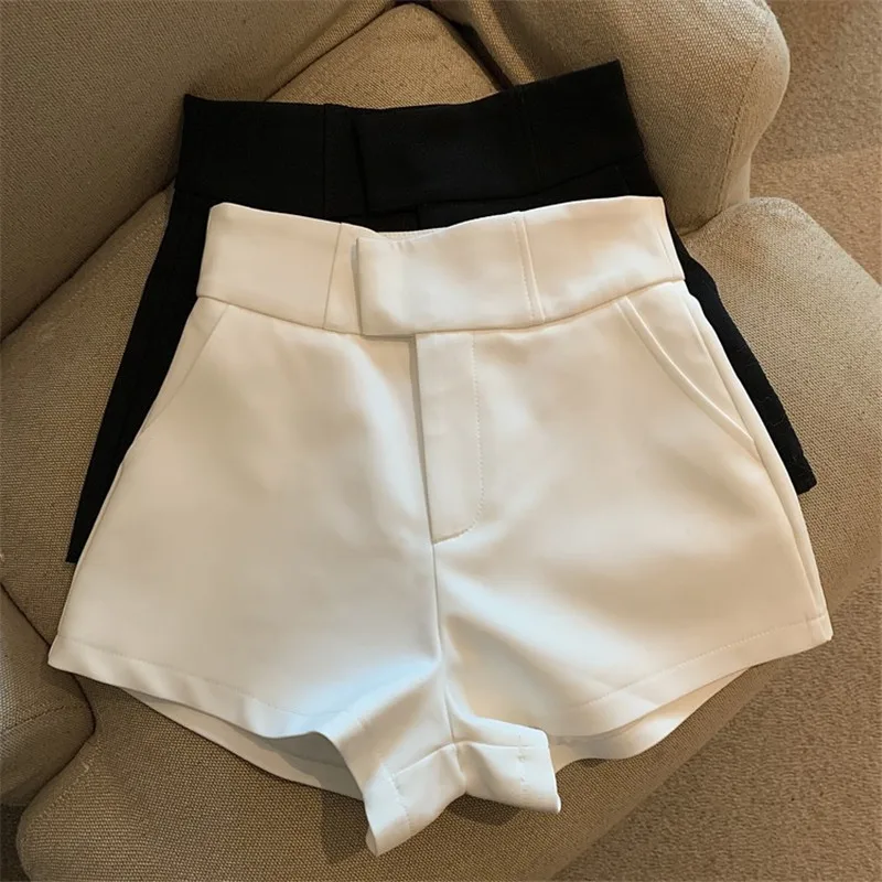 

New Spring Summer High Waist Wide Leg Blazer Shorts Women White Black Outerwear Suit Shorts With Pockets A-line Short Femme