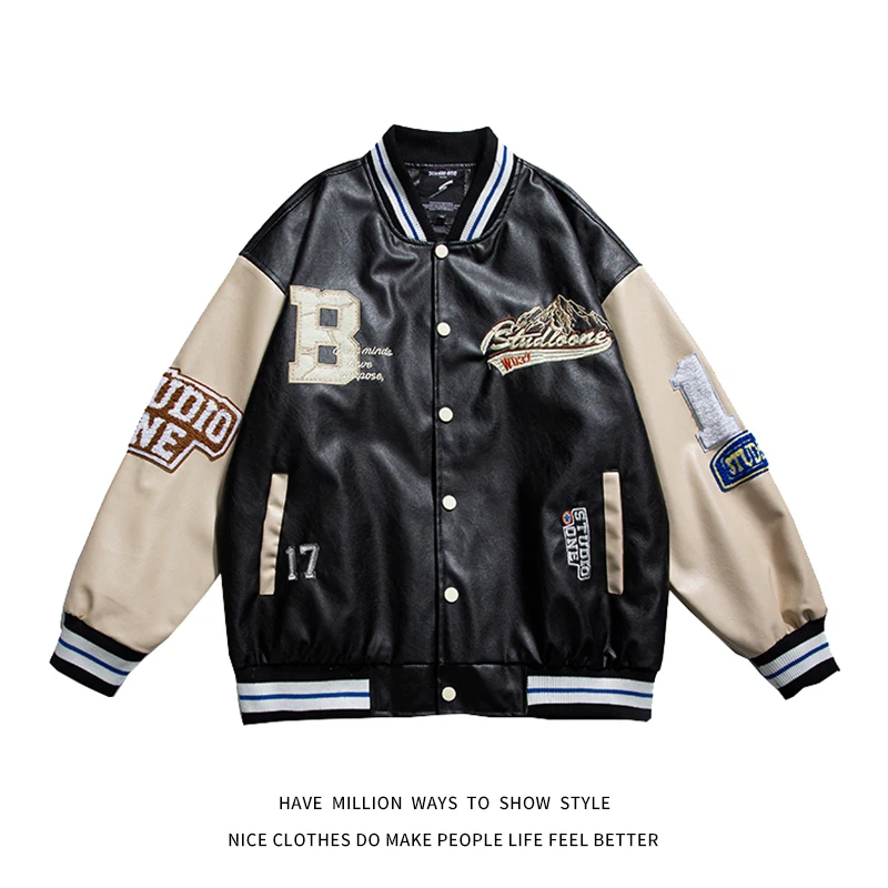 

New Arrival Letterman Full Embroid PU Leather Motorcycle Jacket Men Oversize Bomber Unisex Women Baseball Varsity Coat Street