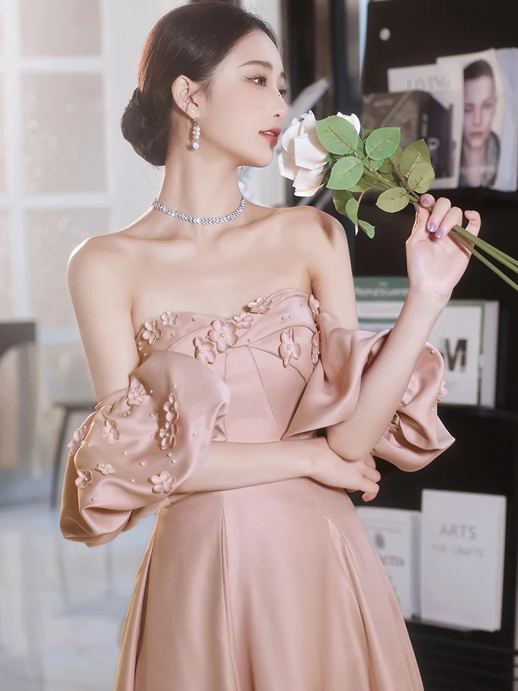 

Pink Evening Dresses 2022 Spring Strapless Elegant Appliques Long Banquet Dress Sexy Off Shoulder Backless Birthday Party Gowns