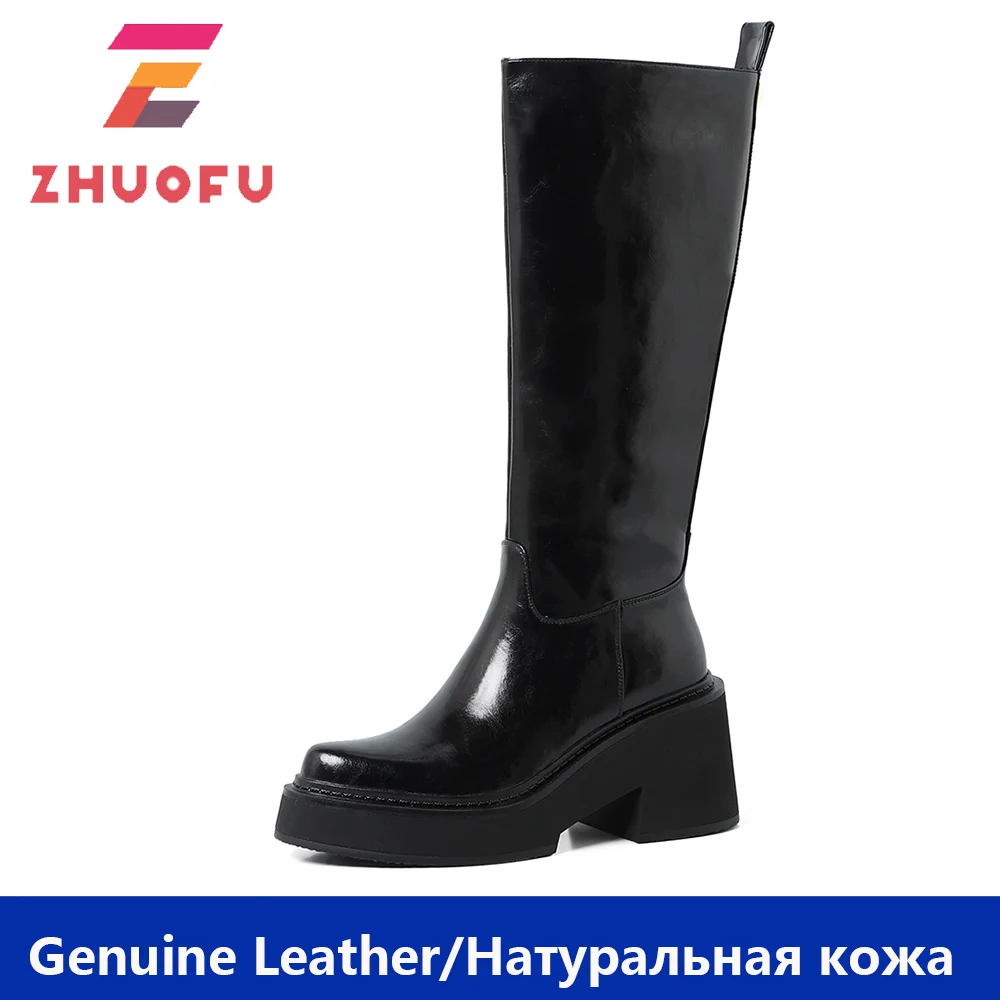 

Женские сапоги до колена ZHUOFU, модные повседневные сапоги из натуральной кожи на платформе и толстом среднем каблуке, 2023