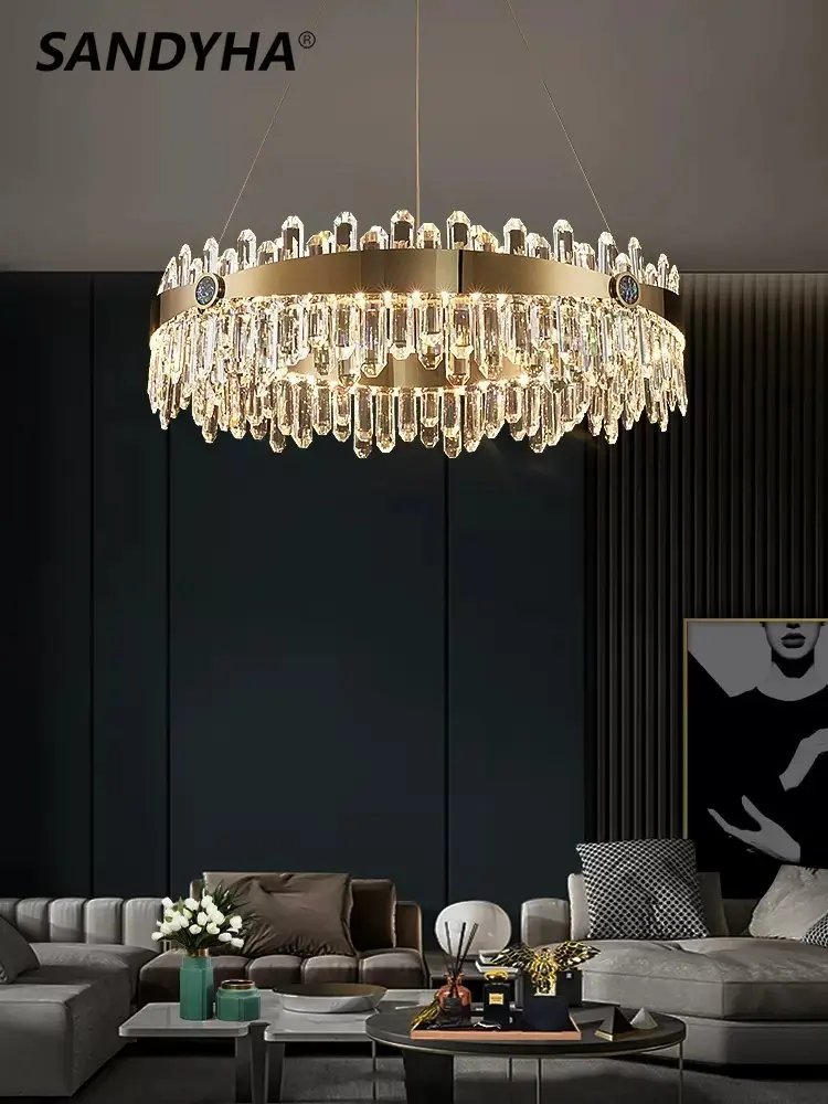 

SANDYHA Nordic Creative Crystal Chandelier Luxury Circle Atmospheric Pendent Lamp Bedroom Dining Living Villa Decorative Light