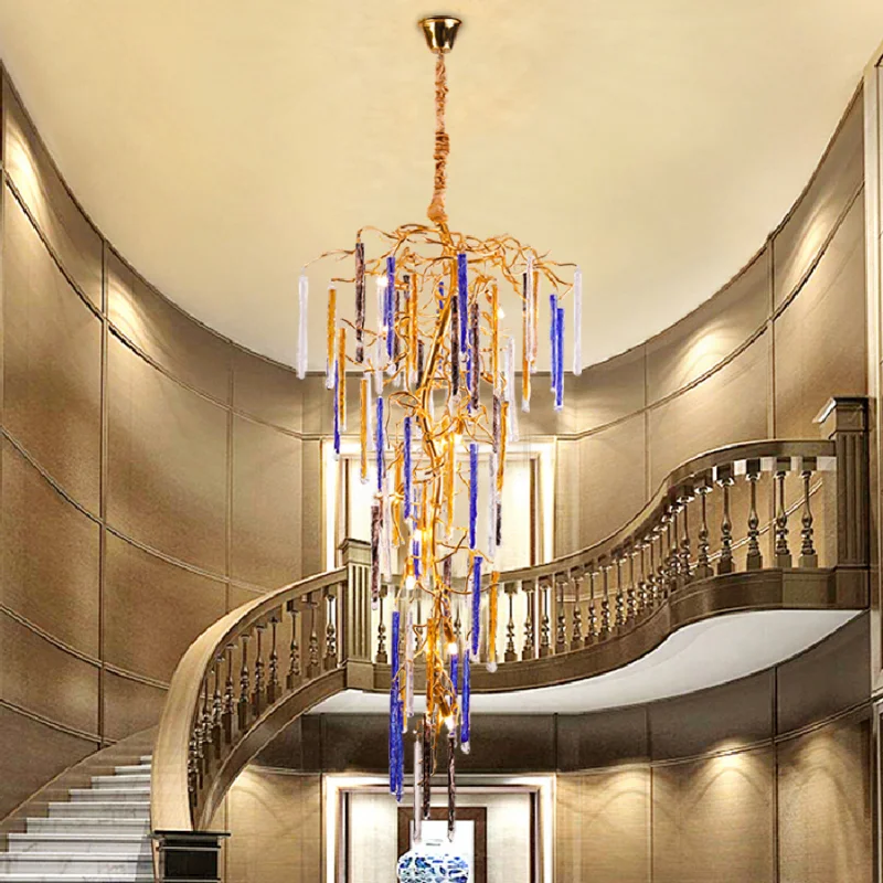 

LED Luxury Color Crystal Stair Ceiling Lighting Chandelier Duplex Villa Loft Staircase Hotel Decor Aluminum Crystal Chandeliers