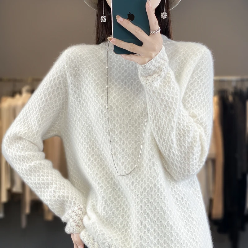 Женский вязаный свитер с полувысоким воротником однотонный свободный из 2024100%