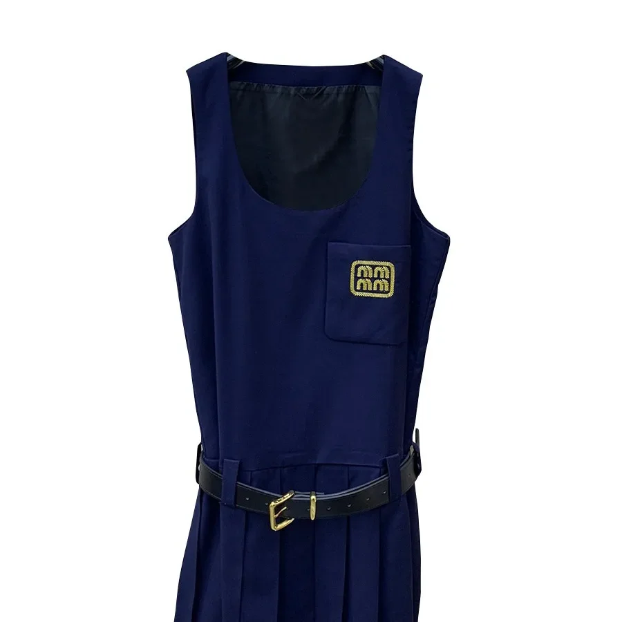 Nanfu High Board Miu System Deep Blue Dress Sleeveless Embroidery With Belt Join Plaid Skirt Spring New Style