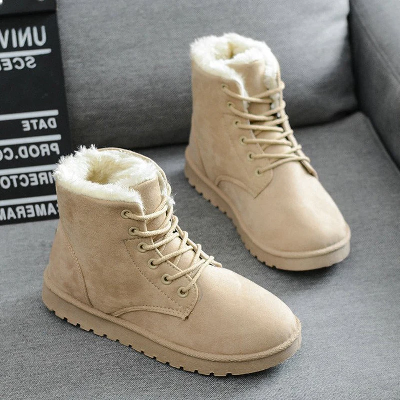 

New Women Snow Boots Leather Lace Up Ankle Boots Warm Faux Fur Ladies Winter Female Shoes