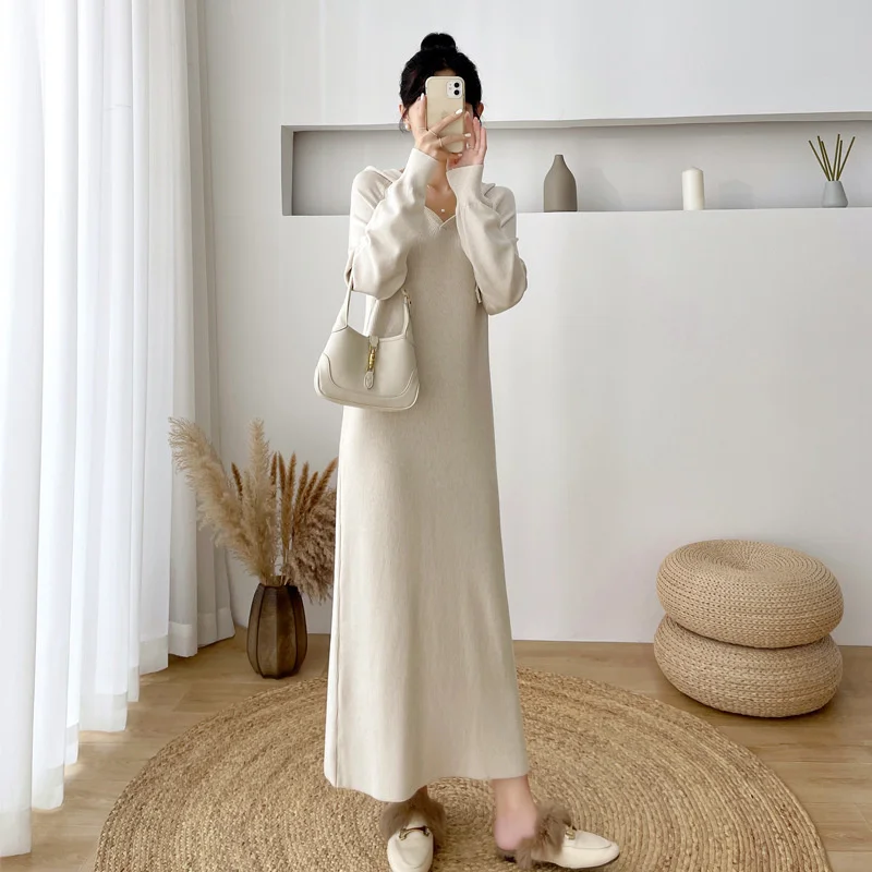 

Autumn And Winter 2022 New French Style Long Knee Length Knitted Dress Straight Tube Loose Hooded Casual Ladies Knitwear Dresses