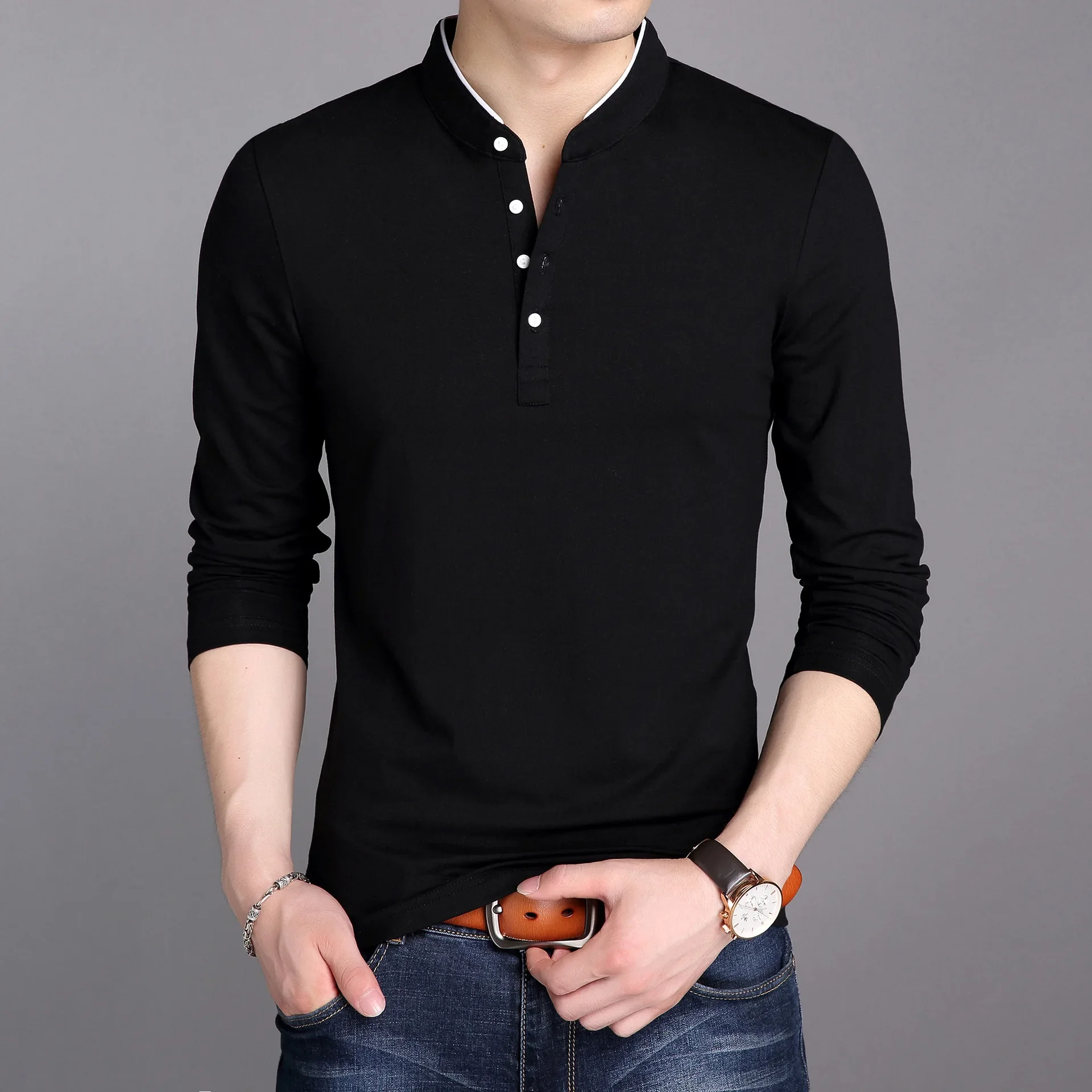 MRMT 2024 Brand New Autumn Men's T-shirt Four-button Long-sleeved for Male Vertical Collar Pure Color Tops Tshirt