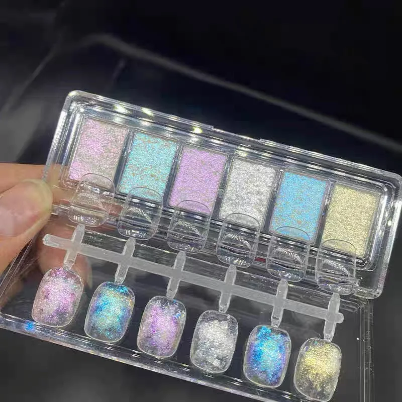 6 ячеек розовый синий Радужный Блеск для ногтей грязь Аврора хромированная пудра