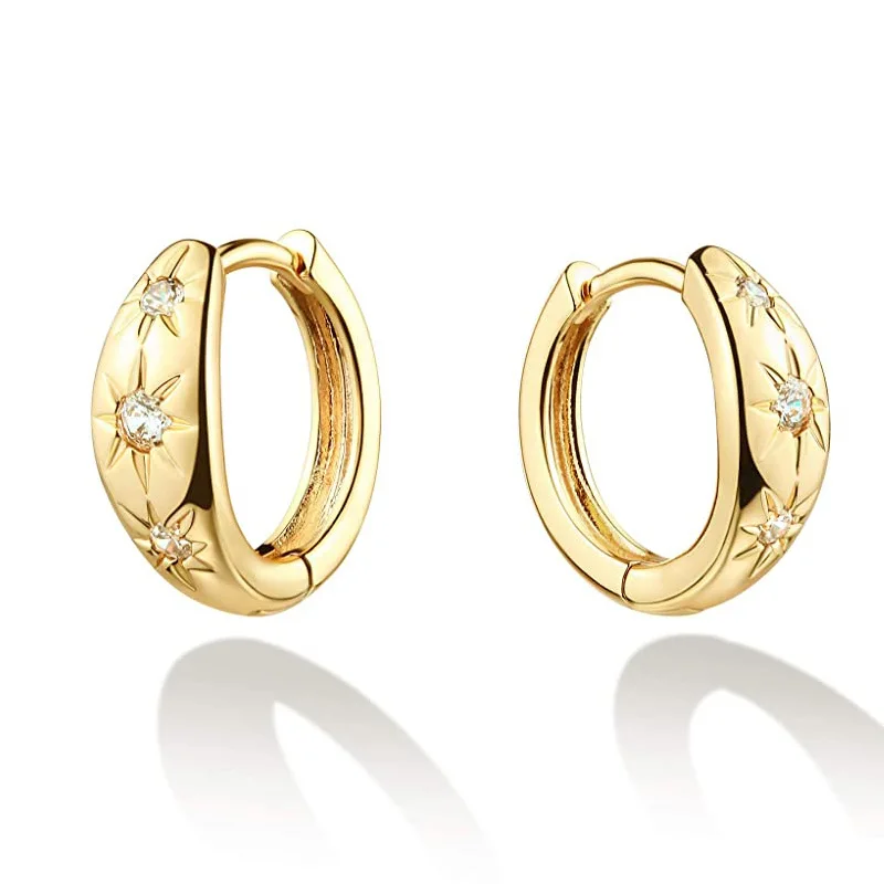 

18K Gold Plated S925 Sterling Silver Small Hoop Earrings Cubic Zirconia Cuff Huggie Earrings for Women Girl Star Earrings