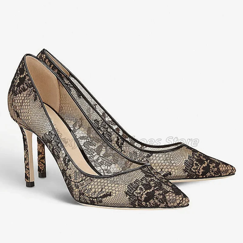 Европейские и американские остроконечные стройные высокие каблуки с кружевом