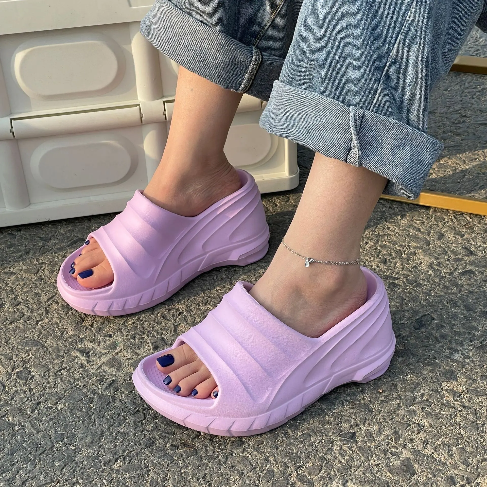 New Fashion Slippers Thick Soled Slippers For Women Sole Wedge Heel Flip-Flops Open Toe Ladies ConciseSolid Color Sandals Female