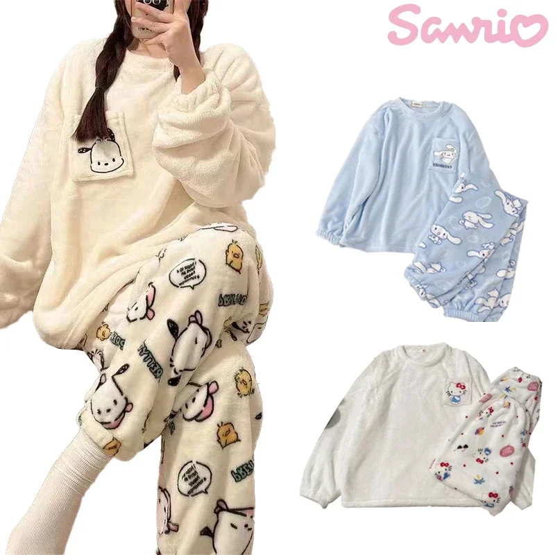 

Sanrio Hello Kitty Pachacco Pajamas Female Autumn and Winter Coral Velvet Padded Thickened 2 Pcs Models Cinnamoroll Flannel Suit