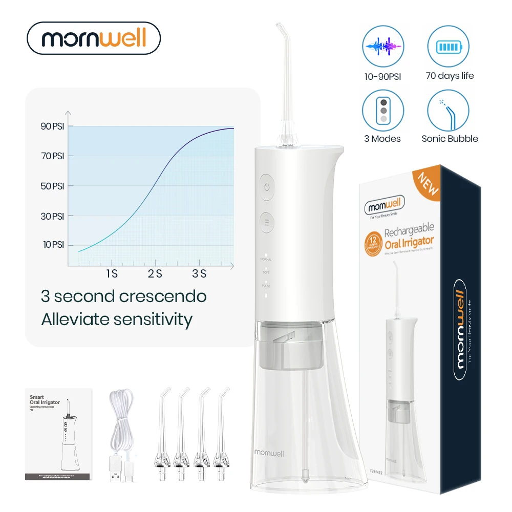 Mornwell F29 Dental Water Jet 3 Mode Water Flosser Oral Irrigator for Teeth Rechargeable Portable 180ML Water Tank Teeth Cleaner