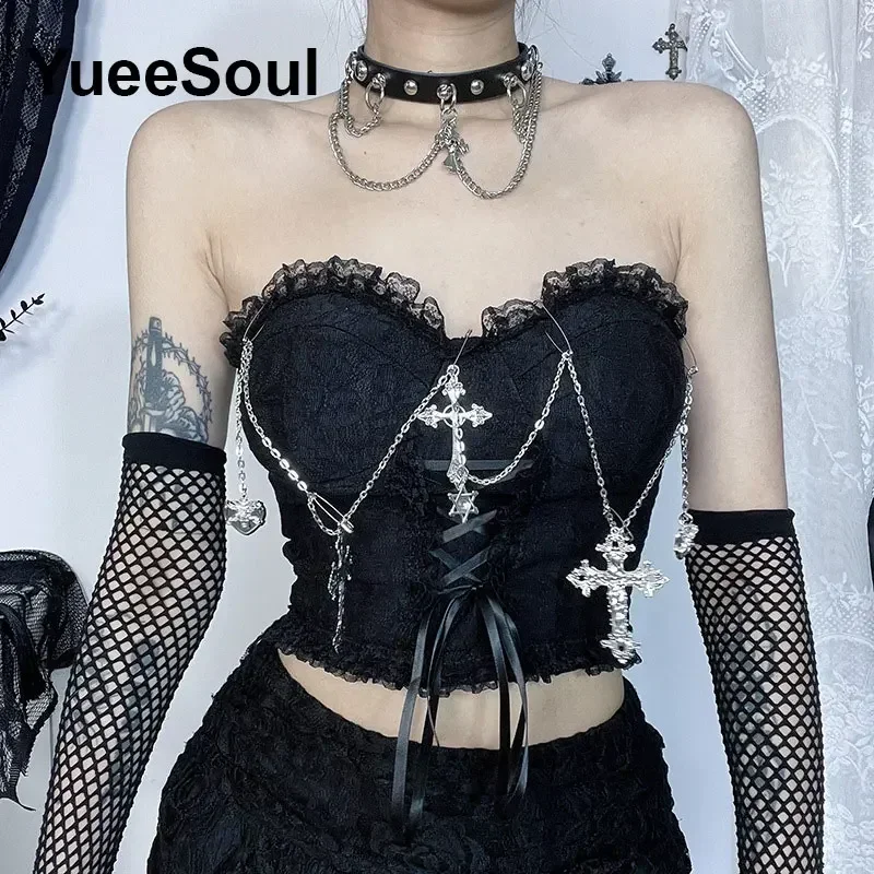 Gothic Crop Tops Black Lace Mesh Tanks 2025 New Y2K Goth Punk Grunge Fairy Core Sexy Halloween 2000s Women Clothing