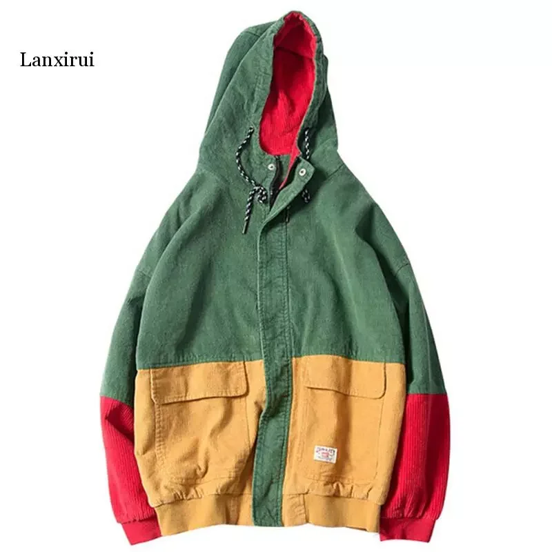 

NEW IN Color Block Patchwork Corduroy Hooded Jackets Men Hip Hop Zipper Up Hoodies Coats Male Casual Streetwear Outerwear