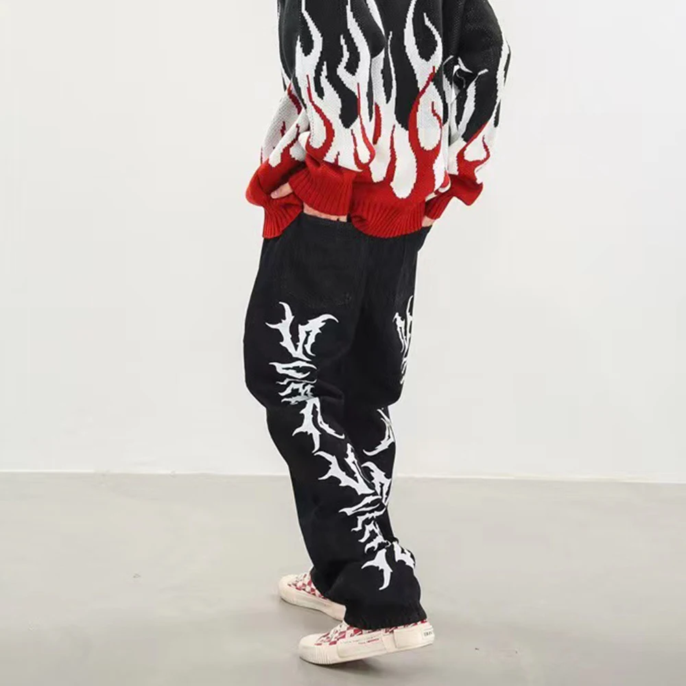 Men's Printed Pattern Straight Jeans 2023 New Fashion Trendy Brand Design Sense Long Pants Hip-Hop Street Wide-Leg Casual Pants