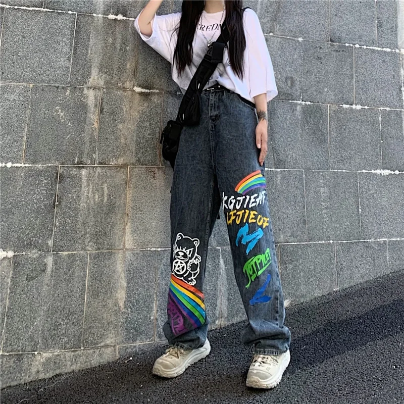 Graffiti Jeans Men's Brand Clothing Loose Straight Pants High Street Casual Trousers Fashion Men's Streetwear Roupas Masculinas
