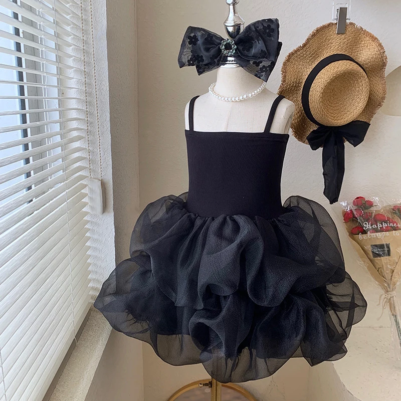 

New Summer Strapless Princess Dresses for Kids Girls Birthday Wedding Party Black Dress 3 6 8 Yrs Children Casual Clothes Wear