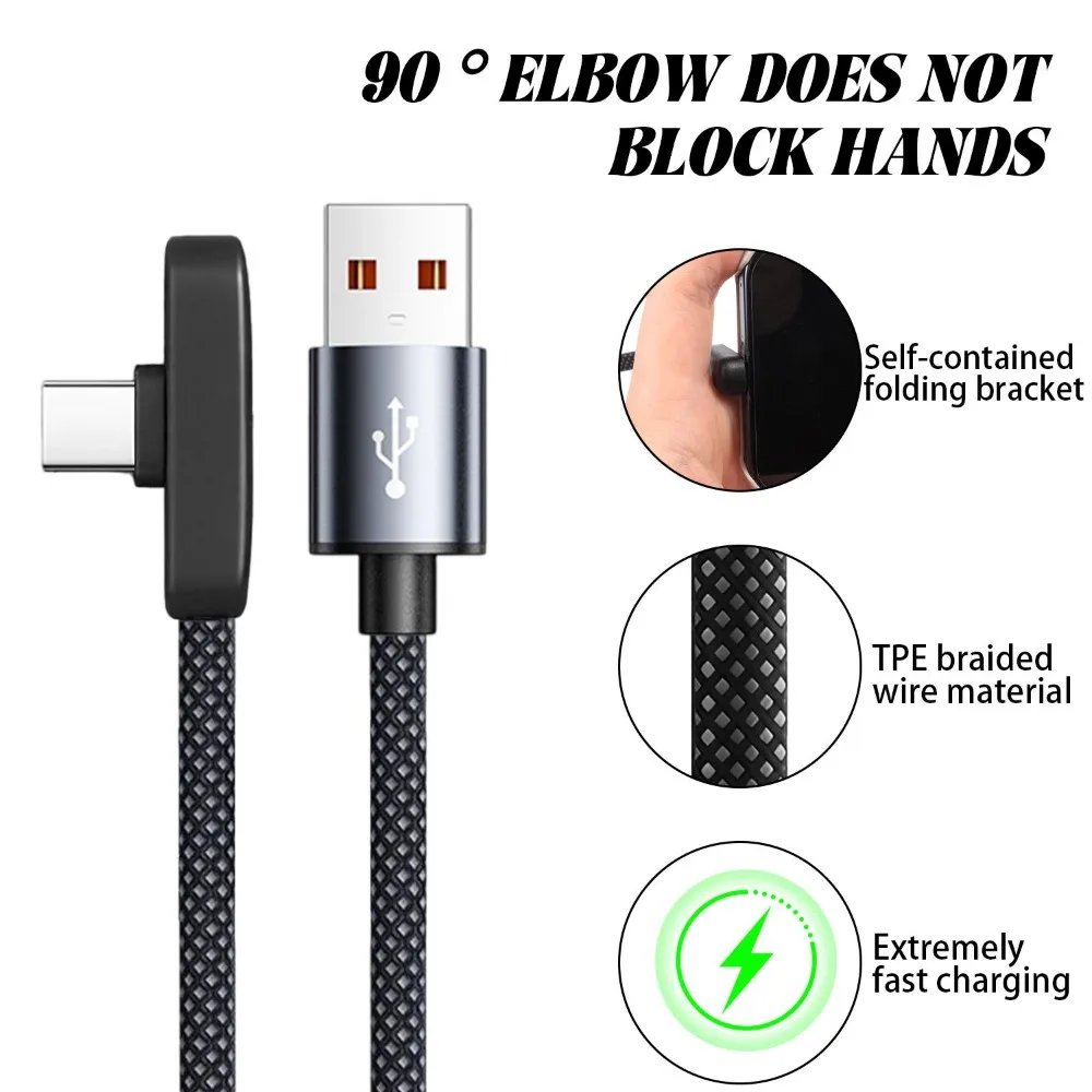 Фото Кабель для быстрой зарядки USB-C 100 Вт 6 А, плоский, 90 см °   Плетеный кабель-зарядка с угловым разъемом для смартфонов, планшетов и ноутбуков №3