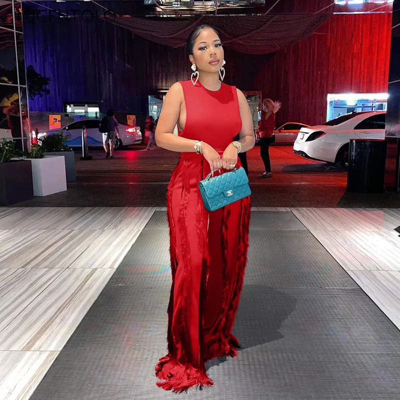 

Women Sexy Sleeveless Tanks Pants Set Solid Drawstring Summer Tassel Straight Casual Large Size Elegant Pants Sets