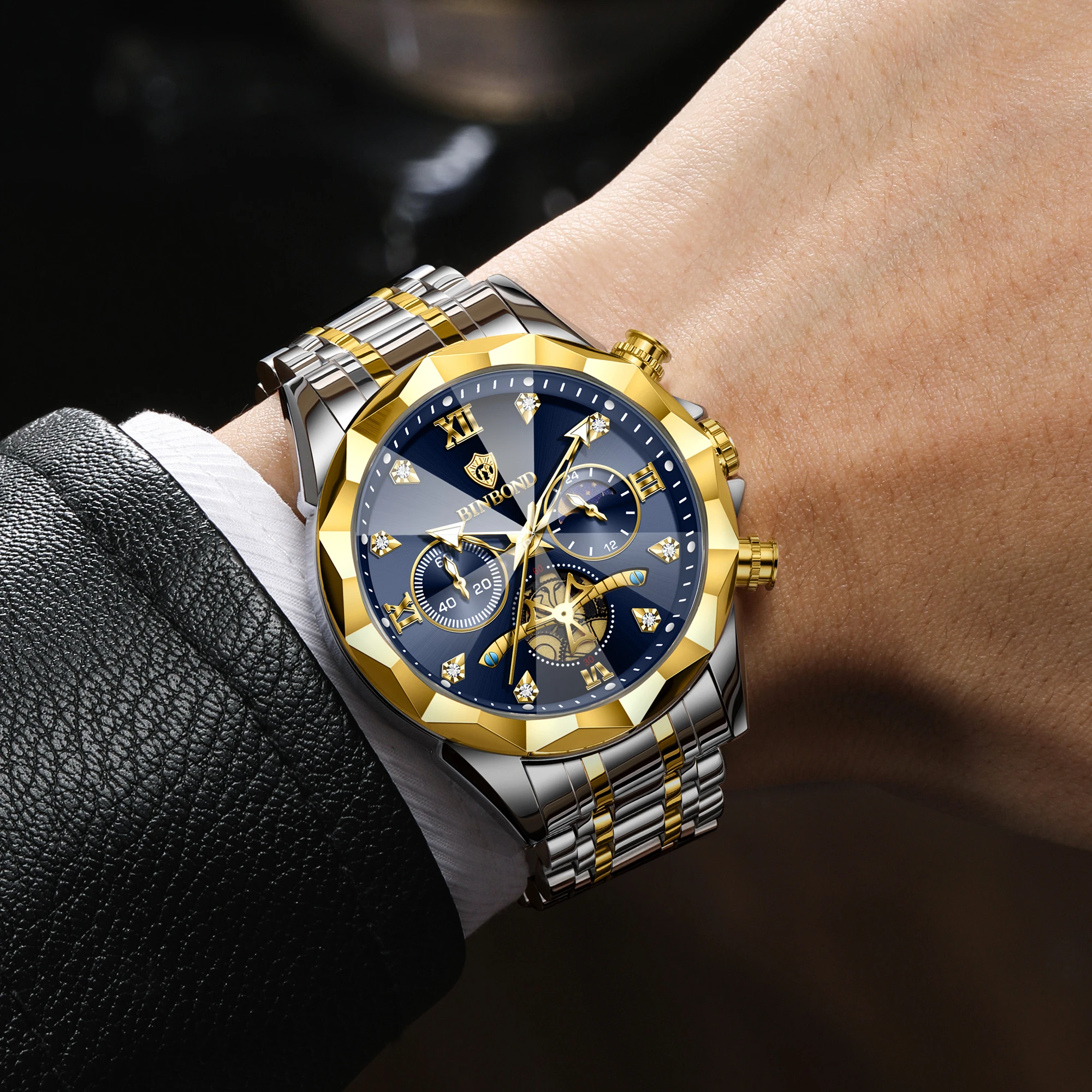 Фото Мужские кварцевые часы BINBOND Chronograph класса люкс: прочные, светящиеся, водонепроницаемые, с точным секундомером. Идеально для дропшиппинга. №4