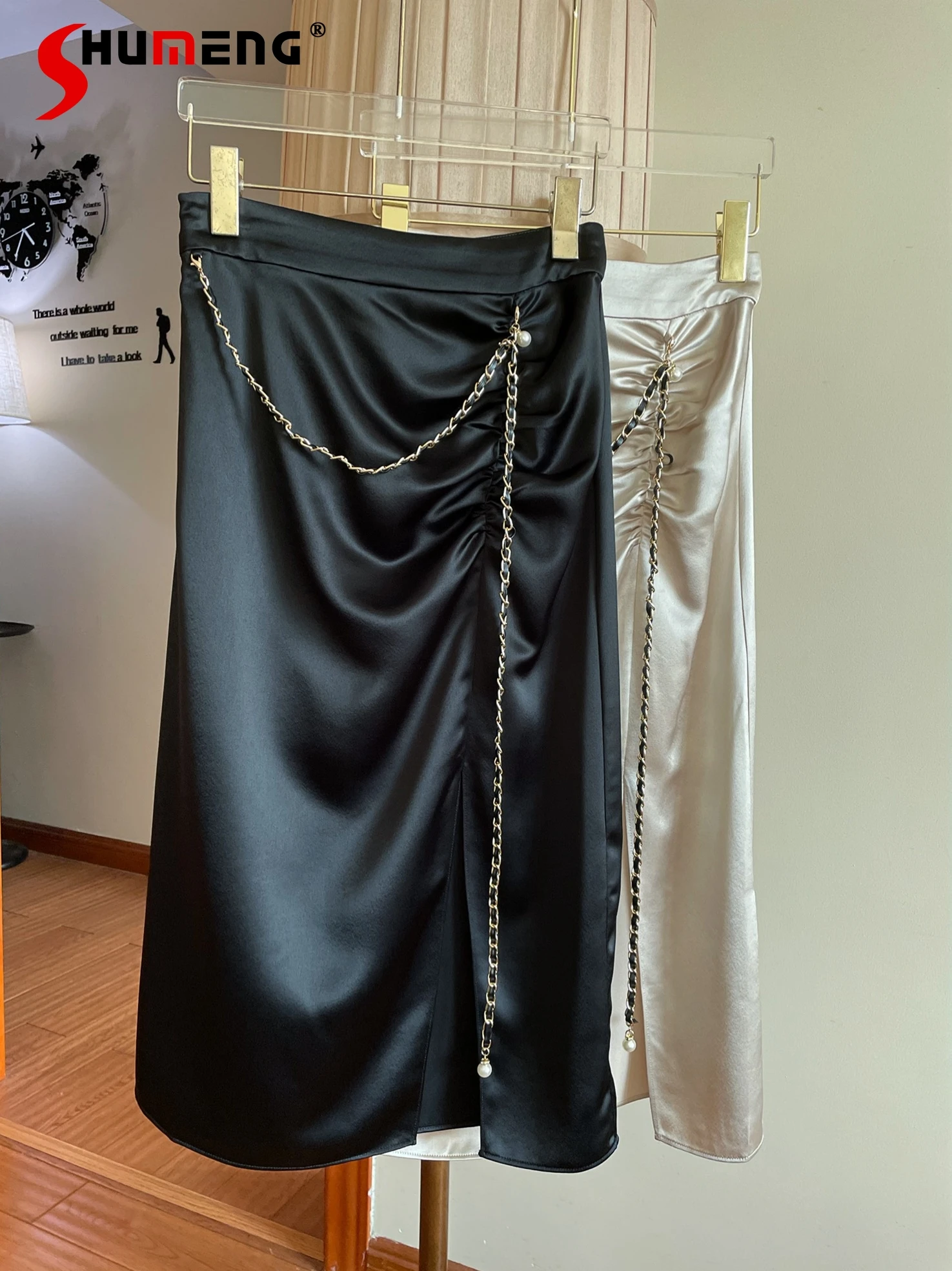

Woman Silky Acetate Long Skirts 2022 Spring and Summer New Elegant High Waist Slimming Sheath Skirt for Women Faldas Mujer Moda