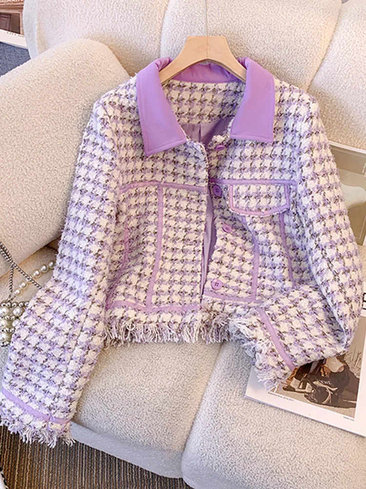 

SMTHMA Purple Small Fragrant Style Houndstooth Tweed Coat Women's High-End Autumn/Winter Celebrity Temperament Woolen Short Top