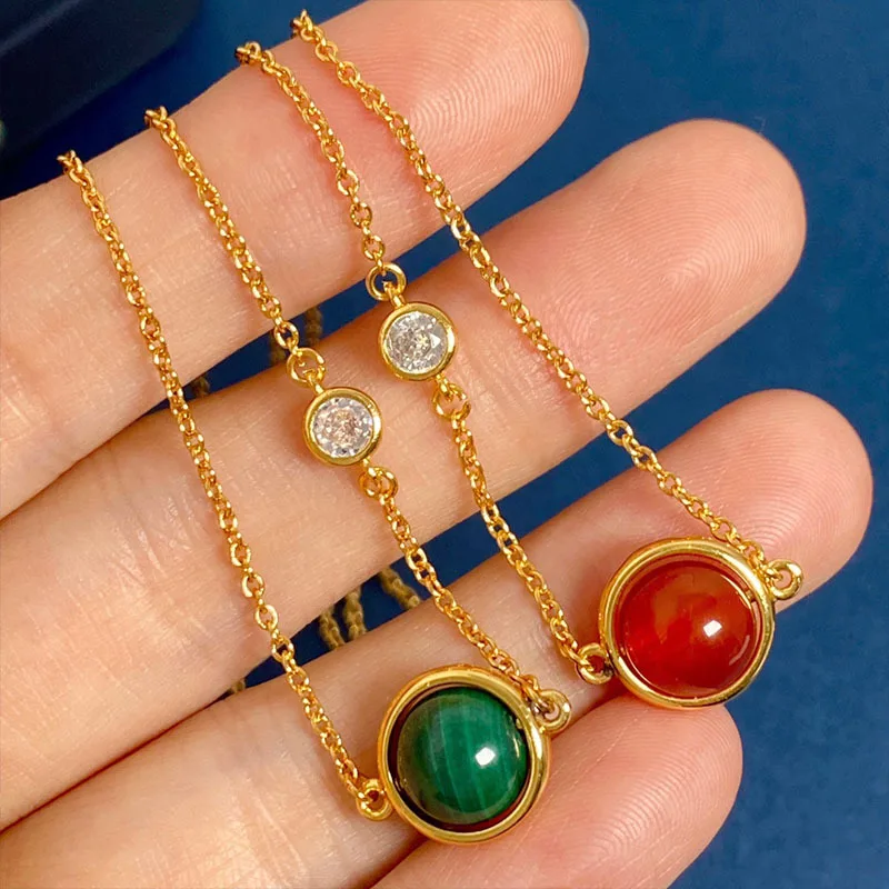 

Natural Emerald Malachite Carnelian Clavicle Chain Rotate the Sphere Planet Lucky Pendant Necklace for Women Fine Jewelry Gifts