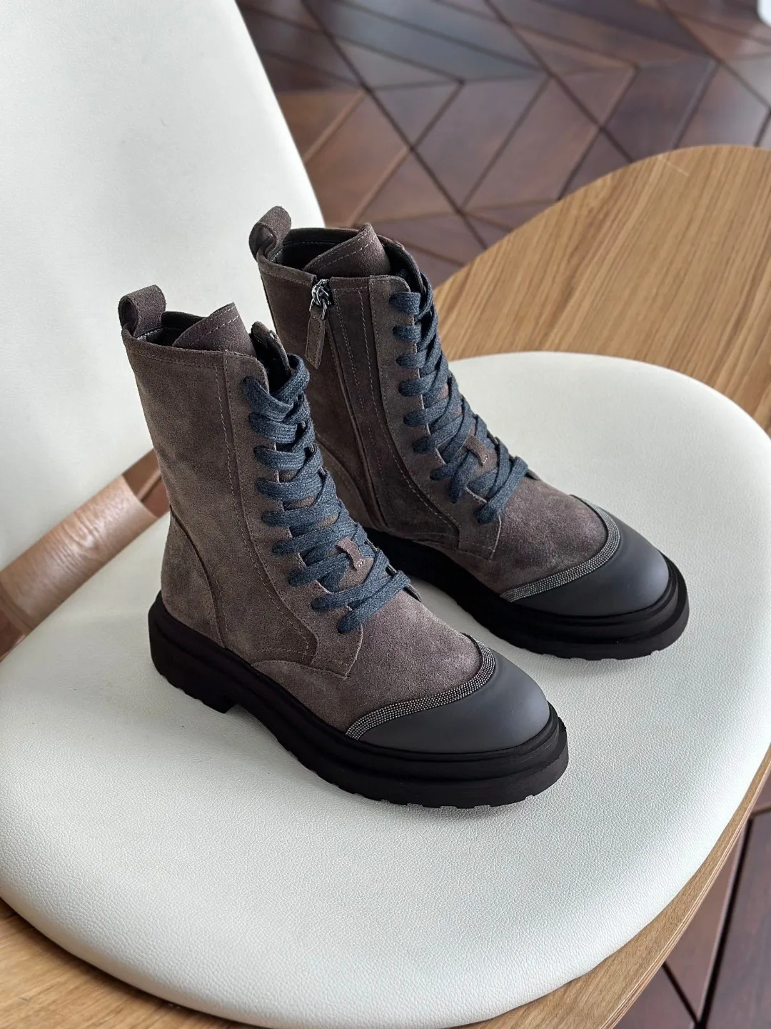 Женские осенне-зимние ботильоны кожаные ботинки с ожерельем из бисера