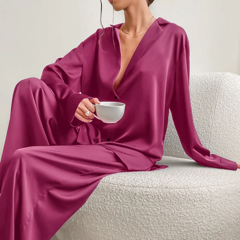 Sexy Low Cut Fashion Pajamas Set For Women Loose Casual Long Sleeve Trouser Suits Solid Satin Silk Female Home Fitted Tops 2-Pce