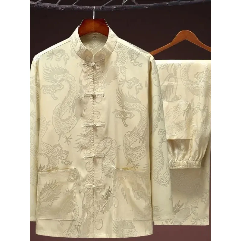 Традиционный китайский стиль костюм с вышивкой дракона Мужская футболка кунг-фу