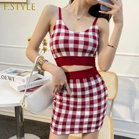 f girls women slim knitting plaid tanks crop tops camises girls knitted cropped knitwear sleeveless t shirts camis two pieces