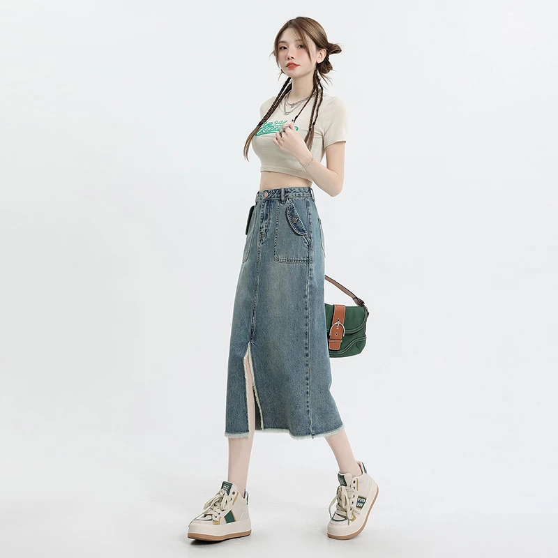 Real time shooting of high waisted split denim skirt women's blue summer fashion small figure buttocks up skirt