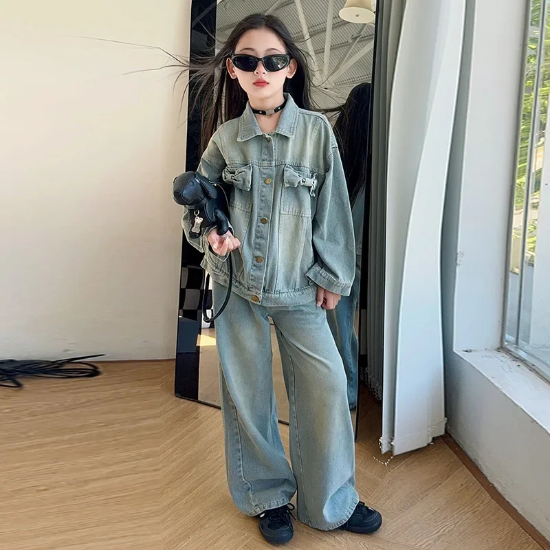 baby girl's garnitur zestaw wiosenny i jesienny 2024 nowe średnie duże dzieci modny płaszcz dżinsowy prosty 2-częściowy