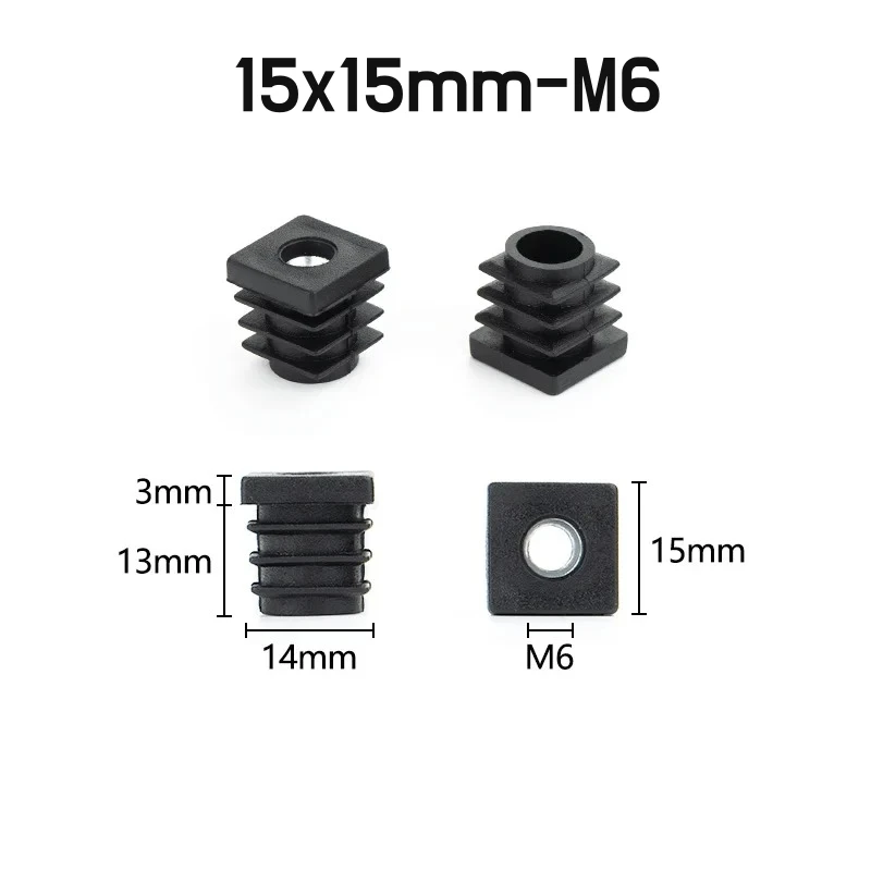 4/10 шт. черные квадратные/круглые заглушки, пластиковые заглушки для труб, пластик 15, 16, 19, 20, 25, 30, 32, 38, 50 мм, вставки с металлической резьбой M6 M8 M10