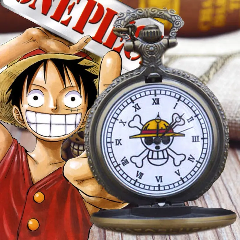 

Classic Anime One Piece Skull Head Fashion Retro Men and Women Luffy Hat Clamshell Creative Portable Necklace Pocket Watch