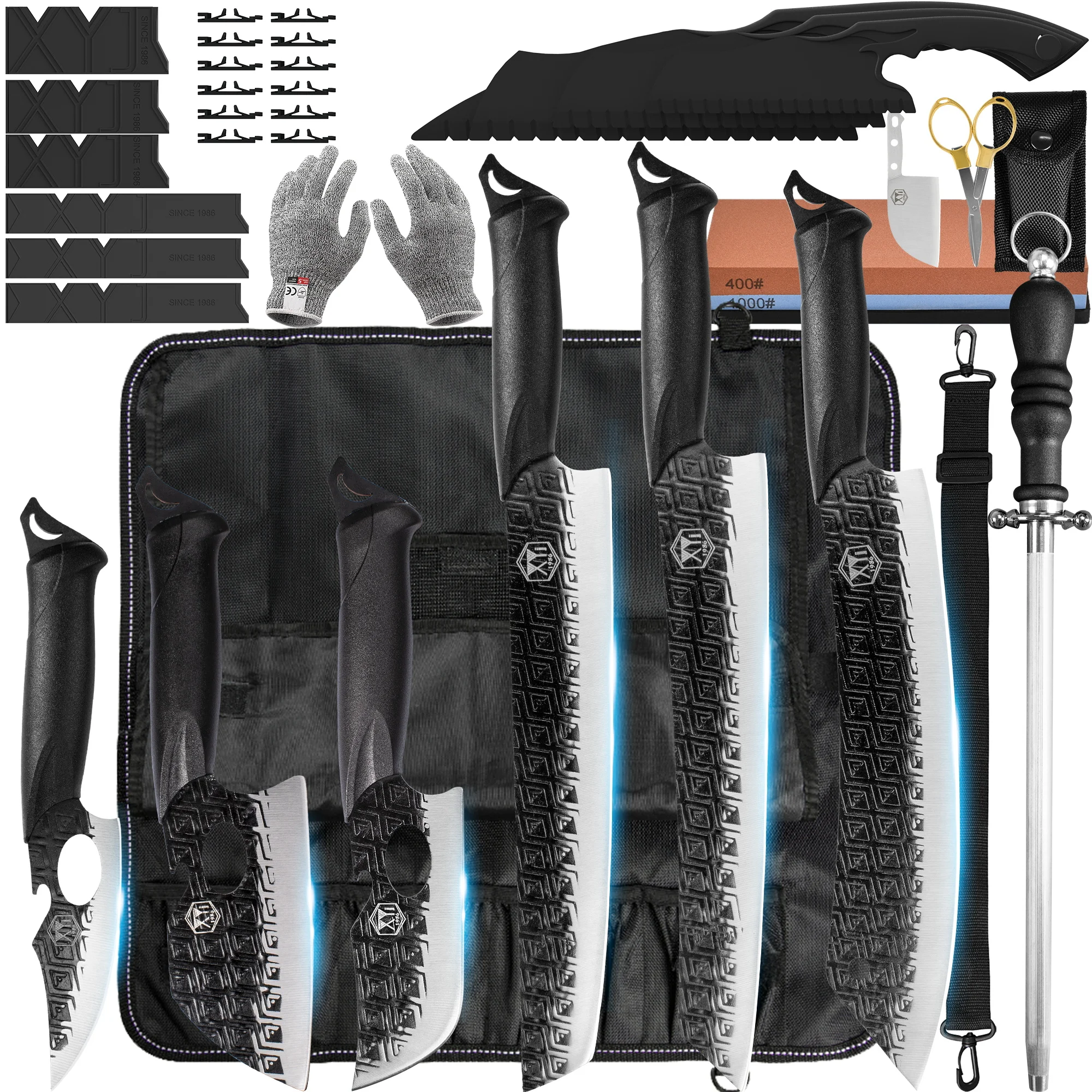 

XYJ Ultra Long Blade Knife Set 11.5 Inch Chefs Blade Stainless Steel Cooking Knives Roll Bag Whetstone Anti-cut Gloves