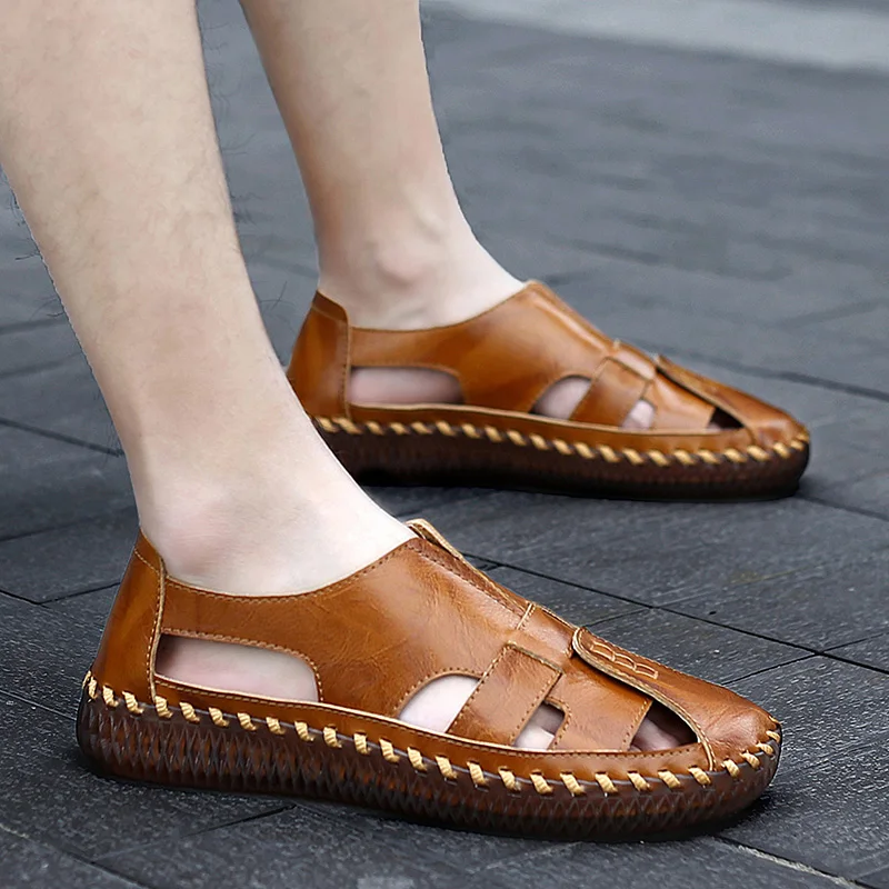 Сандалии мужские из спилка сланцы дышащие пляжные шлепанцы летняя обувь для