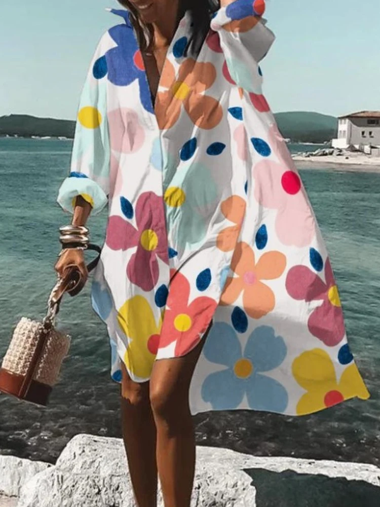 

Женское платье-рубашка в стиле бохо, с длинным рукавом и V-образным вырезом