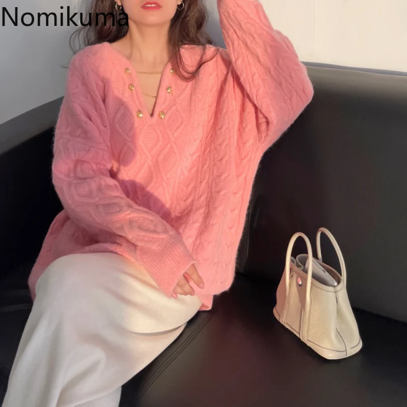 

Свитер Nomikuma Женский Осенний жаккардовый с V-образным вырезом свободный однотонный простой свитер для женщин Зимний винтажный Повседневный ...